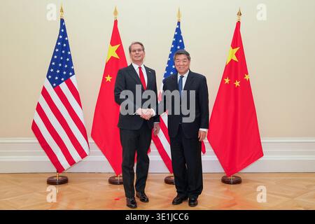 Paris, France. 15th Mar, 2026. Chinese Vice Premier He Lifeng, also a member of the Political Bureau of the Communist Party of China Central Committee, shakes hands with U.S. Treasury Secretary Scott Bessent prior to their talks in Paris, France, March 15, 2026. The Chinese and U.S. delegations convened on Sunday and Monday for talks on economic and trade issues in Paris. Credit: Peng Ziyang/Xinhua/Alamy Live News Stock Photo