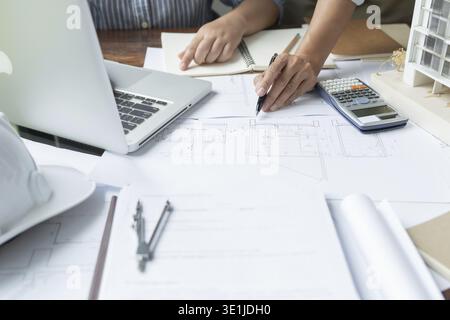Architecture drawing on architectural Creative project business architecture building construction Industrial engineering Achievement Planning Design Stock Photo