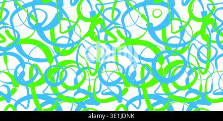 Hand Drawn Wavy Circles. Seamless background of green and blue deformed rings. Not AI, vector illustration. Stock Vector