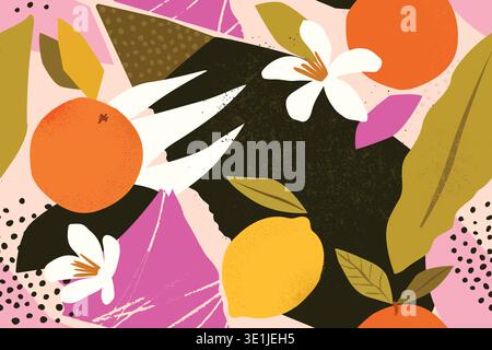 Collage contemporary orange and lemon floral seamless pattern. Modern exotic jungle citrus fruits and plants illustration in vector. Stock Vector