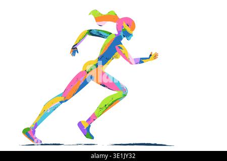 Vector multicolor fast running woman silhouette. Female athlete sprinter watercolor illustration. City marathon, outdoor sport and healthy lifestyle c Stock Vector