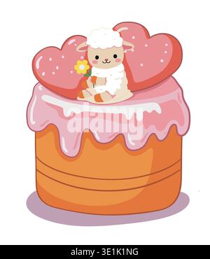 Easter cake with hearts and cute sheep figurine Stock Vector