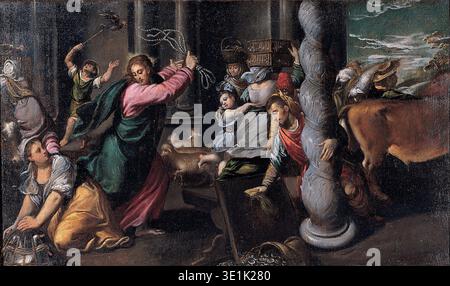 Artist Scarsellino depicts 'The Driving of the Merchants from the Temple', also known as the Cleansing of the Temple, from the late 16th century, circa 1590s. Jesus, at the center, forcefully expels merchants and money changers with a whip, surrounded by overturned tables, fleeing figures, and livestock, illustrating a dramatic biblical scene. Stock Photo