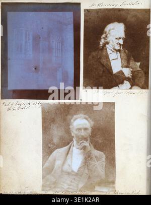 This collection of three early daguerreotypes and calotypes, likely from the 1840s by David Octavius Hill and Robert Adamson, showcases pioneering photographic techniques. It features a portrait of Scottish sculptor John Henning and another of Mr. James Dalgleish, alongside a blurry architectural image of part of Buyerek Abbey. Stock Photo