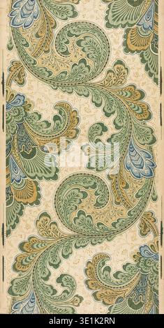 This is a detailed illustration of a sidewall design, likely from the late 19th or early 20th century. The pattern features an intricate acanthus leaf motif, characteristic of the Art Nouveau style, with swirling vines and delicate blue and green hues against a light background. It exemplifies classic decorative design for interiors. Stock Photo