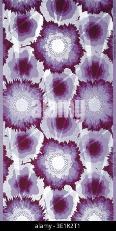 This vibrant floral wallpaper design from the 1900s features large, stylized blossoms in shades of purple and white, creating a dynamic and decorative pattern. The design includes text on the right edge, likely indicating its French origin as "FABRICATION FRANÇAISE." Stock Photo