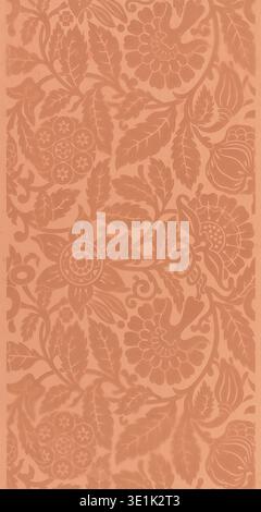 This is a detailed illustration of a floral pattern, likely for a sidewall or wallpaper, from the late 19th or early 20th century. The intricate design features stylized flowers, leaves, and berries in a repeating motif, presented in a monochromatic peach-orange hue. Stock Photo