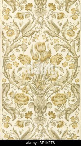 This antique wallpaper design, likely from the late 19th or early 20th century, features a symmetrical floral pattern with a central vase-like motif. The muted yellow and grey-green tones on an off-white background create a classic and elegant aesthetic, perfect for historical interiors. Stock Photo