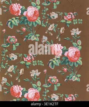 This antique wallpaper pattern from the late 19th or early 20th century features a vibrant floral motif against a rich brown background. Lush pink and red roses, along with smaller light-colored blossoms and verdant green leaves, are intricately arranged on winding branches, creating a classic and decorative design. Stock Photo