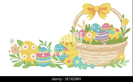 Cute Easter basket with yellow chick, decorated eggs and flowers Stock Vector