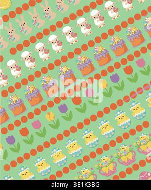 Easter seamless pattern with cakes, sheep, eggs and chicks Stock Vector
