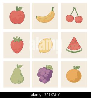Fruits and berries illustration set with apple, strawberry, pear, banana, lemon, grapes, cherry, watermelon and orange Stock Vector