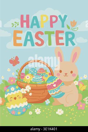 Cute Happy Easter card with flowers, eggs, bunny and chick Stock Vector