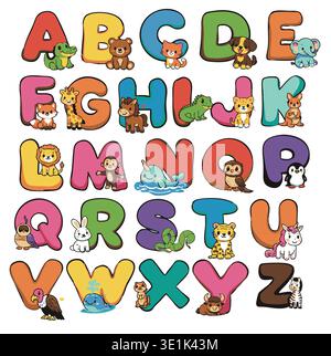 Kids English alphabet with animals illustration Stock Vector