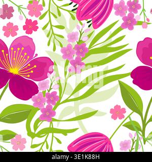 Seamless pattern with spring pink flowers. Hand drawn. Not AI, vector illustration. Stock Vector