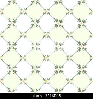 Seamless vector pattern with white daisy flowers on pistachio background with white and light green diamond shapes. Spring floral repeat for textile and decor. Stock Vector