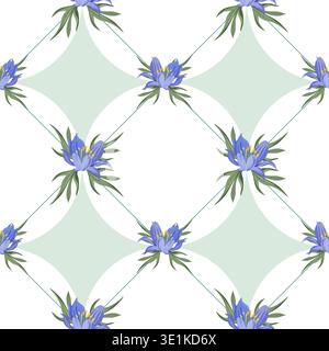 Elegant seamless vector pattern featuring blue spring flowers arranged in a geometric diamond grid. Ideal for textile, wallpaper, and fabric designs. Stock Vector