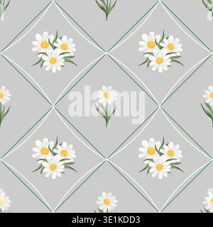 Seamless vector pattern with white daisy flowers and diamond shapes on gray background. Spring floral geometric repeat design for textile and decor. Stock Vector
