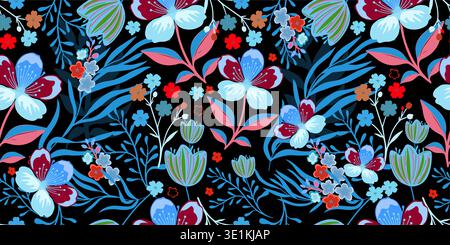 Seamless floral background with red and blue flowers on a black background. Hand drawn. Not AI, vector illustration Stock Vector