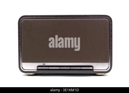 Retro style wireless Bluetooth speaker with wood finish on white background Stock Photo