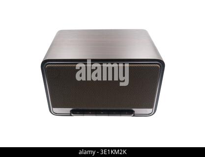 Retro style wireless Bluetooth speaker with wood finish on white background Stock Photo