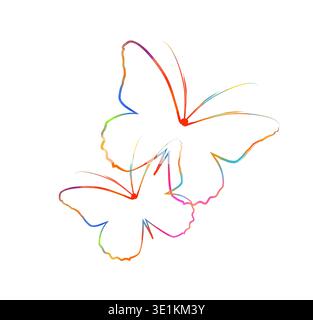 Butterfly with a brush line. Butterfly colored silhouette, art brush instead of body, flat vector, isolate on white, contour drawing, Hand drawn. Not Stock Vector