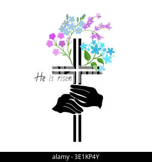 He is risen. Cross with flowers. Happy Easter. Hand drawn. Not AI, vector illustration Stock Vector