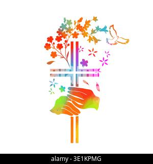 He is risen. Cross colored with flowers. Happy Easter. Hand drawn. Not AI, vector illustration Stock Vector
