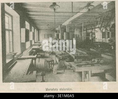 Szkoa Techniczna (1897) was a Polish technical school that offered vocational training. The archival image depicts a woodworking workshop, showcasing the training facilities and tools used by students at the time. The historical photograph offers a glimpse into early 20th-century education in Poland. This archival photographic print features characteristic period details. Stock Photo