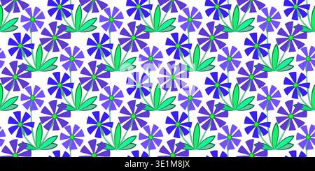 Seamless pattern of blue wild flowers. Bouquet of flowers in folk style. Colorful blue flowers on white background. Romantic graceful summer floral il Stock Vector