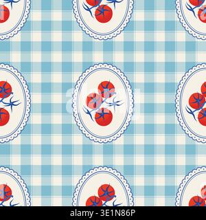 Mediterranean Summer Seamless Pattern with Tomato Vine on a Gingham Background. Rustic Vector Design. Stock Vector
