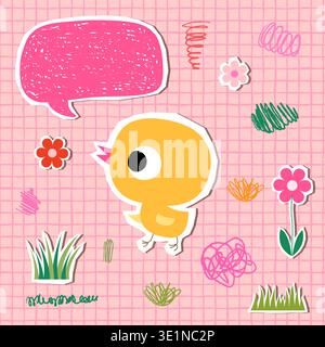 Cute greeting card, poster or banner with Easter chicken on pink background with flowers and scribbles Stock Vector