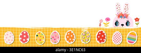 Cute vector spring banner with pink peeking bunny and colorful Easter eggs Stock Vector