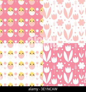 Cute Easter seamless pattern set with chickens and flowers on pink and white background Stock Vector