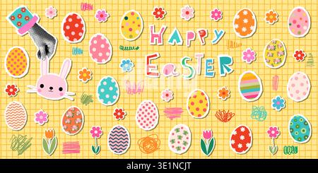 Cute Easter vector background collage sticker set with Easter eggs, half tone hand holding a pink bunny, flowers and scribbles, graphic design element Stock Vector
