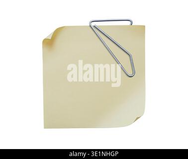 Blank yellow sticky note with a large metal paperclip isolated on white Stock Photo