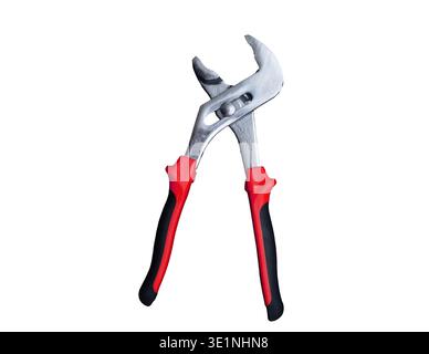 Open adjustable slip joint pliers with red and black rubber grips isolated on a white background Stock Photo