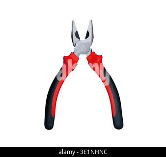 Open combination pliers with red and black handles isolated on a clear white background Stock Photo