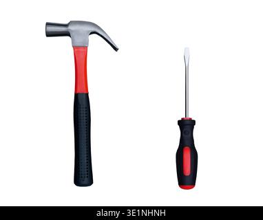 Claw hammer and flathead screwdriver with red and black grips isolated on a white background Stock Photo