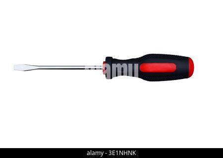 Professional flat head screwdriver with ergonomic rubber handle isolated on white background Stock Photo