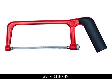 Handheld mini hacksaw with red frame and black plastic handle for metal cutting Stock Photo