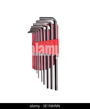 Complete set of L-shaped hex keys in red plastic organizer holder Stock Photo