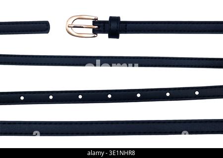 Composite image of a thin black leather belt with a gold buckle and adjustment holes Stock Photo