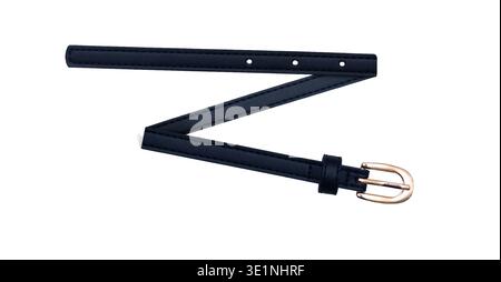 Thin navy blue leather belt with gold buckle arranged in a zig-zag shape on white background Stock Photo