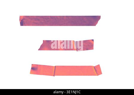 Three pink neon adhesive tape strips with textured surfaces on white background Stock Photo