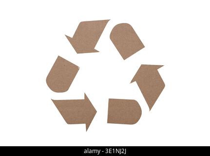 Recycling symbol icon made of brown cardboard texture isolated on white background Stock Photo