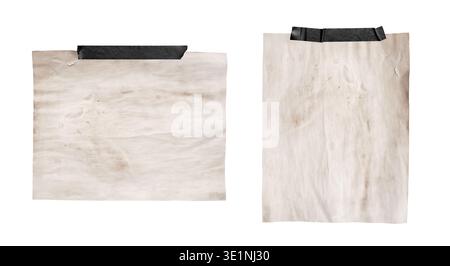 Two sheets of old vintage stained paper attached with black adhesive tape Stock Photo