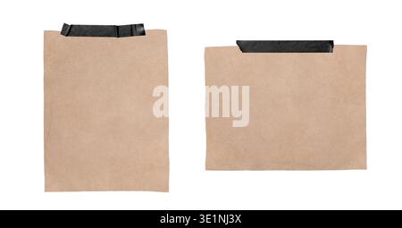 Two pieces of brown craft paper attached with black adhesive tape isolated on white Stock Photo