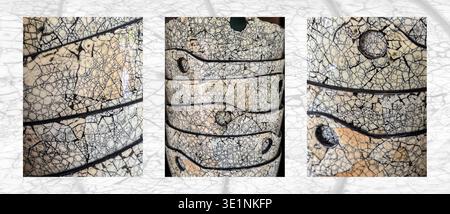 Triptych of semi-abstract detail based on eggshell decorated, laquered deep, Vietnamese bowls (with hole for chopsticks). Stock Photo