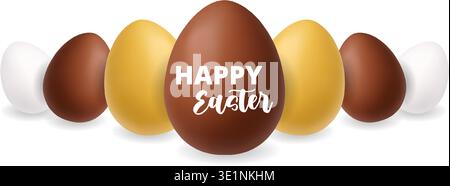 Happy Easter design on chocolate egg with gold and white eggs. Minimal 3D festive illustration Stock Vector